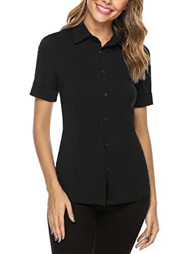 Irevial Camisa Mujer Manga Corta Elegante Camiseta de Gasa con Botones Basic Shirt Blusa de Trabajo Verano Negro, L