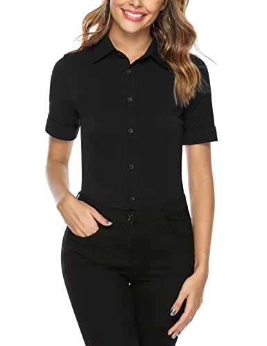 Irevial Camisa Mujer Manga Corta Elegante Camiseta de Gasa con Botones Basic Shirt Blusa de Trabajo Verano Negro, L