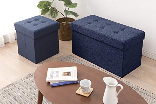 Iris Ohyama Folding Stool Puf Plegable con baúl de Almacenamiento, Textura, Azul Oscuro