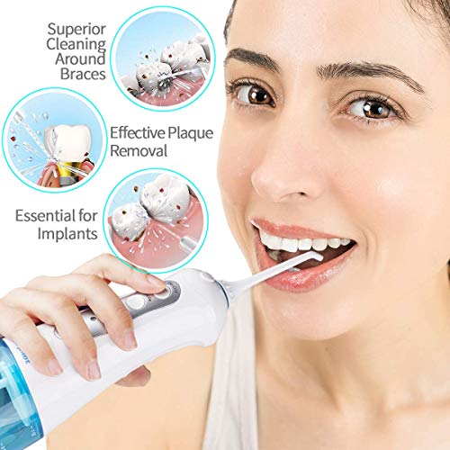 Irrigador Dental Profesional Portátil 300ml, Irrigador Bucal Recargable Impermeable IPX7 y 3 Modos Irrigador Dental de Viaje 6 Recambios Accesorios de Irrigadores Dentales Morpilot Water Flosser