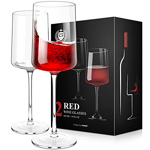 Irrompible Copas de Vino Tinto Set de 2, Kollea Soplado A Mano Copas para Vino Tinto Cristal sin Plomo, Modernas Copas de Vino Rojo y Blanco Cuadradas, Regalos para Bodas, Aniversarios, etc -420 ML