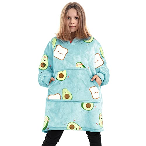 IvyH Sudadera Manta con Capucha, Súper Cálida y Acogedora Manta Esponjosa con Capucha para Mujeres Niñas Hombres Niños con Estampado y Bolsillo Frontal Gigante (Niños Aguacate Verde)