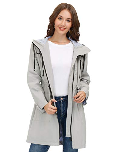 JASAMBAC Chubasqueros largos para mujer impermeables con capucha cortavientos Outwear chaqueta de lluvia gabardina, Gris plateado, Large