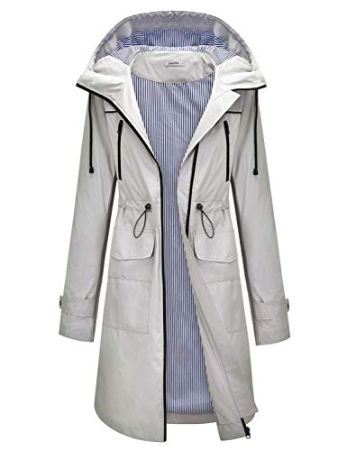 JASAMBAC Chubasqueros largos para mujer impermeables con capucha cortavientos Outwear chaqueta de lluvia gabardina, Gris plateado, Large