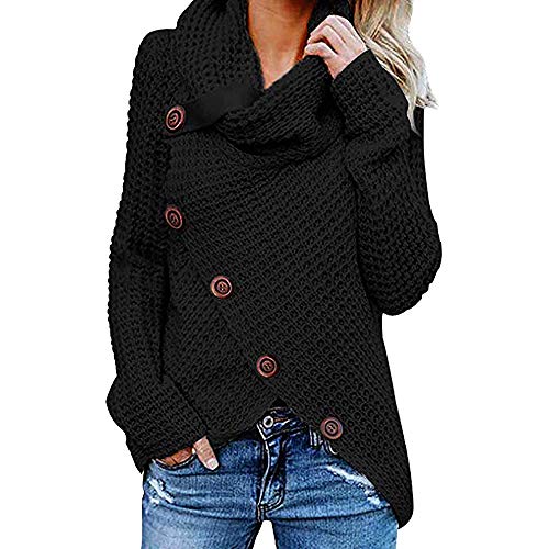 Jerseys De Punto para Mujer Cuello de Tortuga Manga Larga Suelto Prendas de Punto Suéter Irregular Jerséis Collar de la Pila Tops Cálido Otoño Invierno riou (z-Black, L)