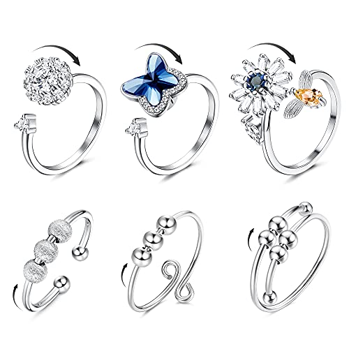 JeweBella 3/6 Pcs Anillos Mujer Acero Inoxidable Cubic Zirconia Ajustables Spinner Anillos Giratorio Calmante Anillo de Meditación Flores y Mariposas Juego de Anillos Apilables Antiestres