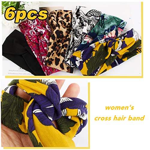 JNCH 6pcs Bandas de Pelo Mujer Boho, Venda de Pelo Elástica, Turbantes Mujer, Cinta para Pelo de Cabeza de Algodón, Diademas de Mujer de Nudo, 8*24cm, 6 Colores Variados