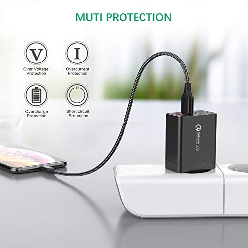 JOOMFEEN Quick Charge 3.0 Cargador USB de Pared con Cable USB Tipo C,30W QC 3.0 Cargador Móvil 4 Puertos Cargador de Red USB Carga Rapida para Samsung Galaxy S10E/S9/S8/Note8,Huawei P20,Xiaomi(Negro)