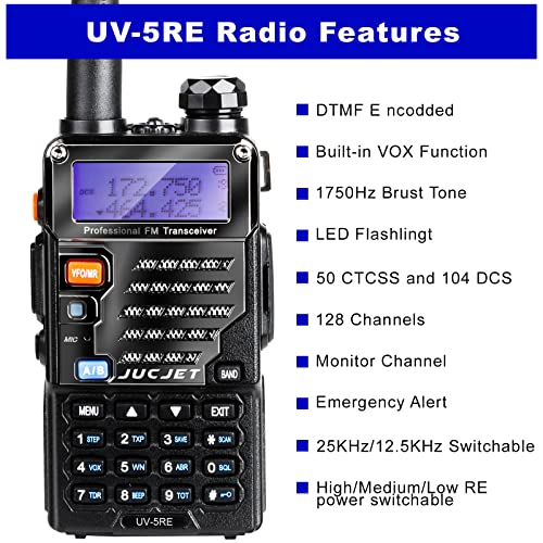 JUCJET UV 5RE Walkie Talkie hasta 128 Canales 50 CTCSS y 104 CDCSS, Radiocomunicación 1W Double Bande VHF/UHF Radio (1pc)