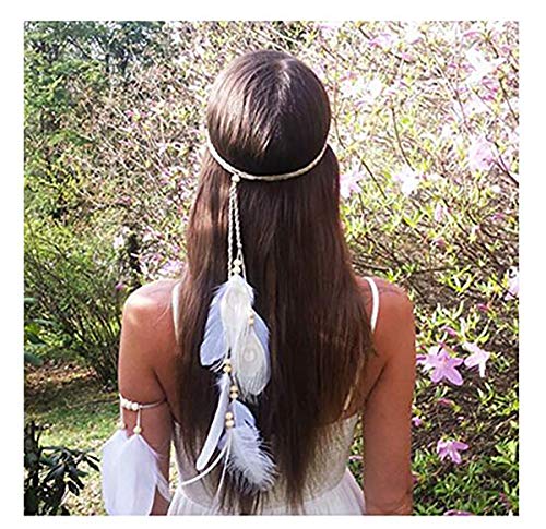 Juego de 2 diademas de plumas de pavo real para mujer, estilo bohemio, color blanco, diadema y brazo, diadema hippie, tocado hecho a mano, tribal, indio, plumas, accesorio de boda