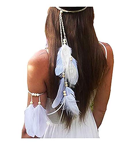 Juego de 2 diademas de plumas de pavo real para mujer, estilo bohemio, color blanco, diadema y brazo, diadema hippie, tocado hecho a mano, tribal, indio, plumas, accesorio de boda