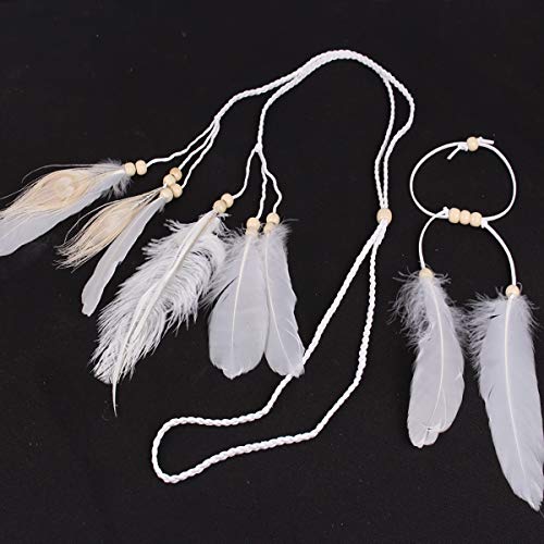 Juego de 2 diademas de plumas de pavo real para mujer, estilo bohemio, color blanco, diadema y brazo, diadema hippie, tocado hecho a mano, tribal, indio, plumas, accesorio de boda