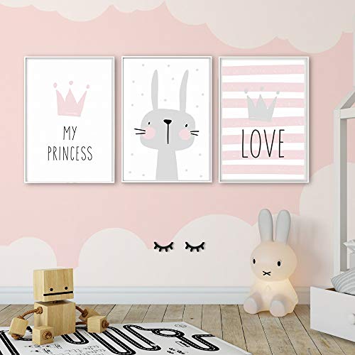 Juego de 3 Cuadros Infantiles Niña Poster 30x40 Láminas Conejo My PRINCESS LOVE Impresiones sobre Lienzo Decoración Habitación Bebé pared Regalo Sin Marco NPTWC004-M