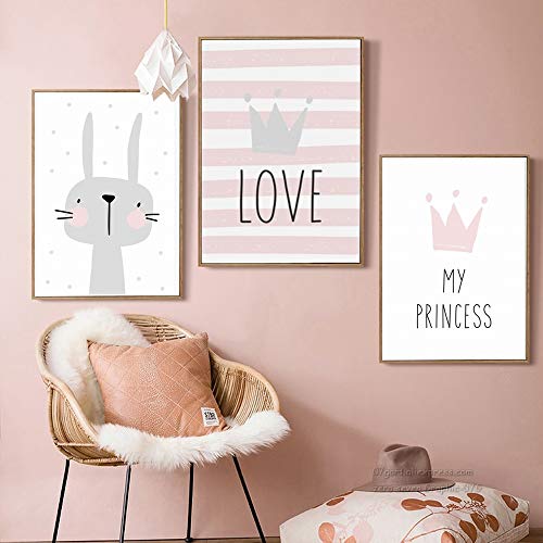 Juego de 3 Cuadros Infantiles Niña Poster 30x40 Láminas Conejo My PRINCESS LOVE Impresiones sobre Lienzo Decoración Habitación Bebé pared Regalo Sin Marco NPTWC004-M