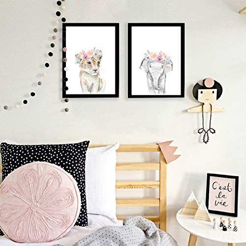 Juego de 3 Impresiones Elefante Jirafa Gato con Coronas de Flores Cuadro Infantiles para Habitacion Animales Laminas Decorativas Imagen de Niños Bebe Regalo Lienzo Sin Marco PTAN004-M