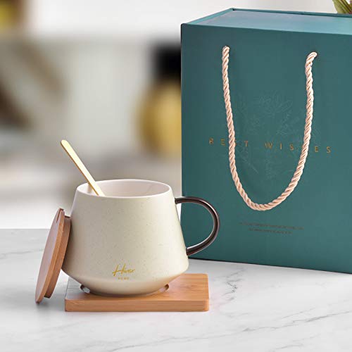 Juego de tazas de café de cerámica Hivexagon con tapa de madera, taza de regalo con asa, posavasos, cuchara de té. Perfecto para té y bebidas calientes, caja de regalo con una taza de 13,5 oz