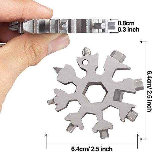 JUNSHUO 18 en 1 Herramienta Mmultifuncional Copo nieve de Acero Inoxidable, Destornillador Abrebotellas Llavero EDC Tool, Portátil Destornillador Todo-Ronda De La Camping Adventure, Plata