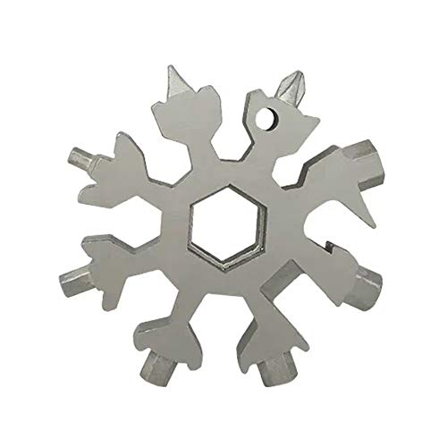 JUNSHUO 18 en 1 Herramienta Mmultifuncional Copo nieve de Acero Inoxidable, Destornillador Abrebotellas Llavero EDC Tool, Portátil Destornillador Todo-Ronda De La Camping Adventure, Plata