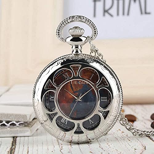 JZDH Reloj de Bolsillo Mapa de Ruta Creativa Marcador de dique de Cuarzo Analógico Reloj de Bolsillo de Plata Flor Hueca Hollow Fob Pendiente Horas DE Reloj con Cadena DE COLLA DE 80 CM