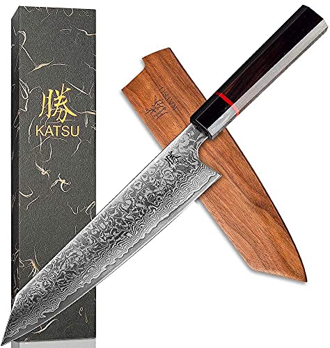 KATSU Cuchillo de Chef Kiritsuke - Damasco - Cuchillo de Cocina Japonés - Mango Octagonal Hecho a Mano - Vaina de Madera y Caja de Regalo