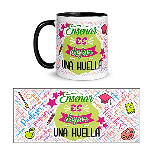 Kembilove Taza regalo Profesores – Tazas Desayuno para Fin de Curso – Regalos originales para Maestros – Tazas originales con Mensaje Enseñar es dejar una huella color negra