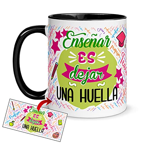 Kembilove Taza regalo Profesores – Tazas Desayuno para Fin de Curso – Regalos originales para Maestros – Tazas originales con Mensaje Enseñar es dejar una huella color negra