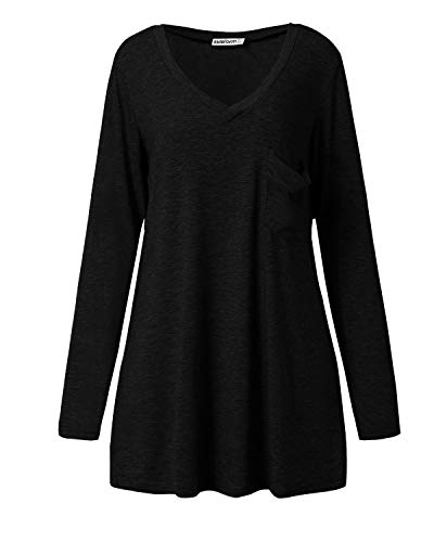 kenoce Camiseta Mujer de Manga Larga Blusa Cuello en V Casual Manga Larga Tshirt Sexy Color Sólido Elasticidad Pullover Blusas D-Negro S