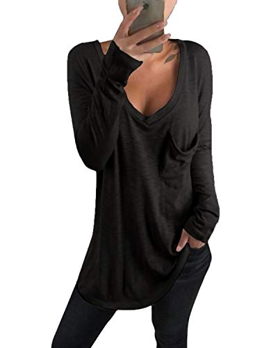 kenoce Camiseta Mujer de Manga Larga Blusa Cuello en V Casual Manga Larga Tshirt Sexy Color Sólido Elasticidad Pullover Blusas D-Negro S