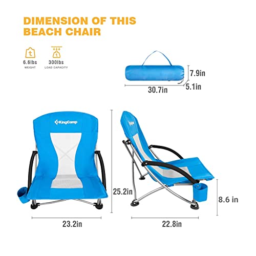 KingCamp Sillas Plegables Playa con Respaldo Bajo Ligero Silla Plegable Camping con Malla Transpirable Portátil para Playa Azul