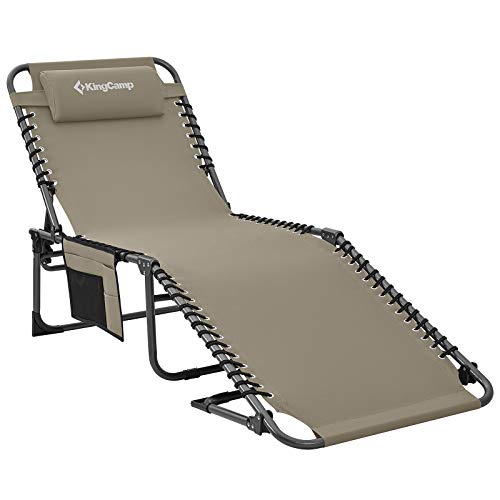 KingCamp Tumbona Plegable Portátil Reclinable con Almohada y Bolsillo Lateral Tumbona de Camping Transpirable Carga 120kg Ajustable en 4 Posiciones para Viajes de Acampada Jardín