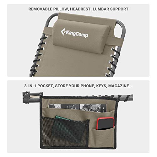 KingCamp Tumbona Plegable Portátil Reclinable con Almohada y Bolsillo Lateral Tumbona de Camping Transpirable Carga 120kg Ajustable en 4 Posiciones para Viajes de Acampada Jardín