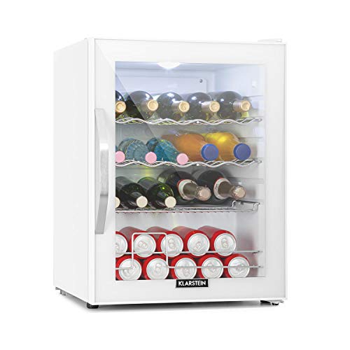 Klarstein Beersafe XL Quartz - Nevera pequeña 60L, Mini nevera de bebidas, Eficiencia clase D, Puerta frontal de vidrio, Iluminación interior, Frigorifico de diseño compacto, Blanco cuarzo