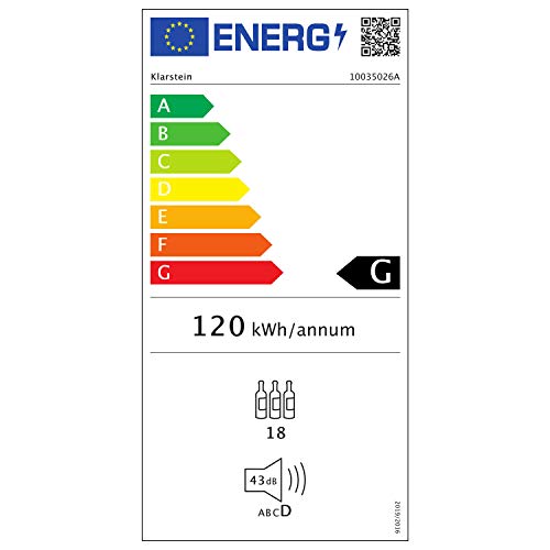 Klarstein Shiraz Slim Uno - Vinoteca, Nevera para vinos, Clase G, 5-18 °C, 42 dB, Panel táctil, Iluminación LED, Altura regulable, 5 baldas, 50 litros, Nevera vinos 18 botellas, Negro