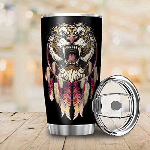 Ktewqmp Native America Animal Tiger - Vaso de viaje con pajita de acero inoxidable para coche, duradero, para senderismo, camping y viajes, para bebidas calientes y frías, color blanco, 600 ml