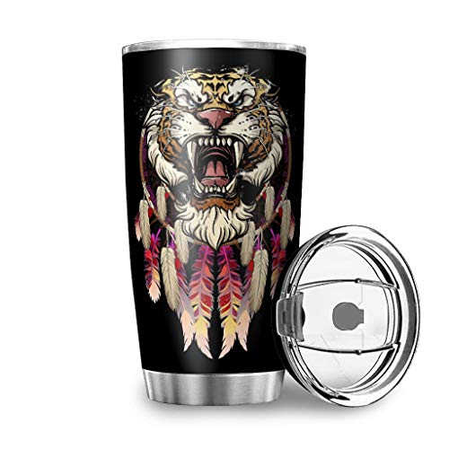 Ktewqmp Native America Animal Tiger - Vaso de viaje con pajita de acero inoxidable para coche, duradero, para senderismo, camping y viajes, para bebidas calientes y frías, color blanco, 600 ml