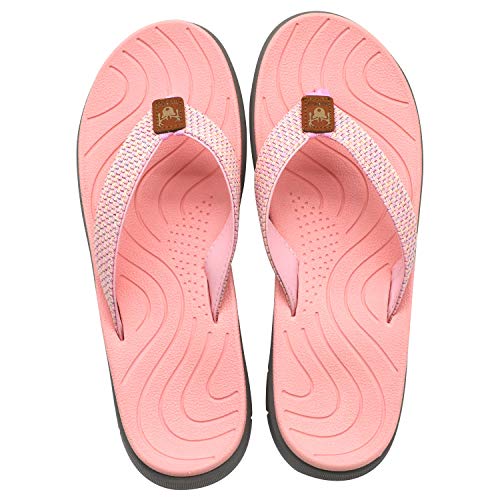 KuaiLu Chanclas Mujer Verano Playa Piscina Cuero y Tela Flip Flops Señoras Comodas Piel Planas Caminar Sandalias De Dedo Antideslizante Yoga-Espuma Chancletas Rosa 41