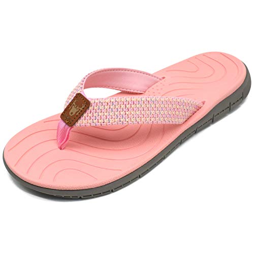 KuaiLu Chanclas Mujer Verano Playa Piscina Cuero y Tela Flip Flops Señoras Comodas Piel Planas Caminar Sandalias De Dedo Antideslizante Yoga-Espuma Chancletas Rosa 41