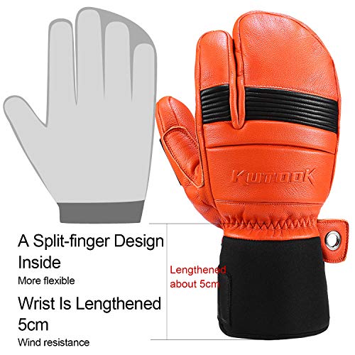 KUTOOK Guantes Manoplas Esquí De Piel Cuero 3M Thinsulate Guantes Snowboard Cálidos Hombre Mujer con Membrana Impermeable Guantes Nieve Invierno Guantes Ski(Naranja-M)