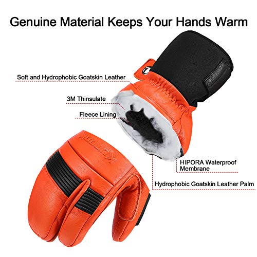 KUTOOK Guantes Manoplas Esquí De Piel Cuero 3M Thinsulate Guantes Snowboard Cálidos Hombre Mujer con Membrana Impermeable Guantes Nieve Invierno Guantes Ski(Naranja-M)