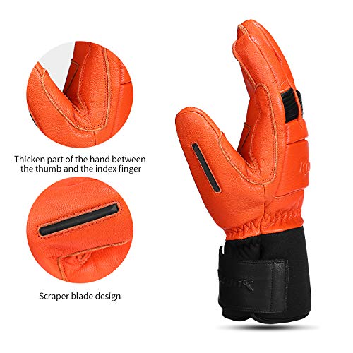 KUTOOK Guantes Manoplas Esquí De Piel Cuero 3M Thinsulate Guantes Snowboard Cálidos Hombre Mujer con Membrana Impermeable Guantes Nieve Invierno Guantes Ski(Naranja-M)