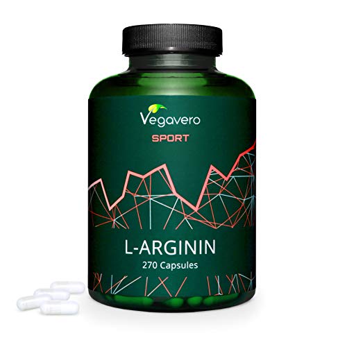 L-Arginina PURA 99.7% Vegavero® Sport | TESTADO EN LABORATORIO | SIN ADITIVOS | 270 Cápsulas | Vasodilatador + Vigorizante + Aumentar Masa Muscular + Disfunción | 700 mg | Pre Entrenos Potentes