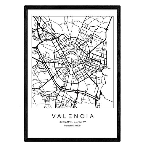 Lámina mapa de la ciudad Valencia estilo nordico en blanco y negro. Poster tamaño A4 Enmarcado con marco negro Impreso papel 250 gr. Cuadros, láminas y posters para salon y dormitorio