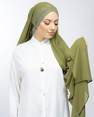 Lamis Hijab - Hijab Pañuelo cruzado con gorro integrado para mujer musulmana velada chal islámico con velo ponlable, verde caqui, Talla única