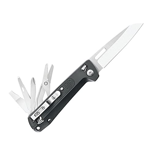 Leatherman Free K4 - Multiherramienta para camping y supervivencia, fabricado en EE.UU, con 9 herramientas incorporadas, con bloqueo total, destornilladores y abrebotellas, navaja, en gris