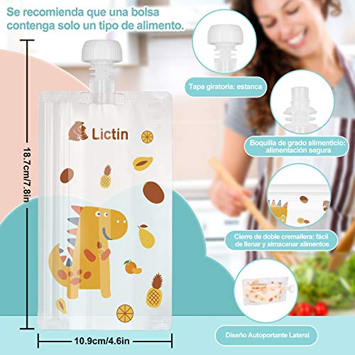 Lictin Bolsa de Alimento Reutilizable para Bebé-12PCS Bolsitas de Comida para Bebé de 210 ml sin BPA PVC para Bebés con Diseño de Patrón