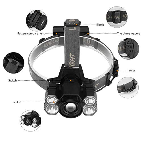 Linterna frontal, 5 Modos de Luz con Flash, Zoom in/out, Ligera Elástica, Impermeable para Ciclismo, Correr, Deportes Nocturnos... [Clase de eficiencia energética A]