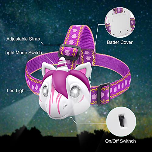 Linterna Frontal para niños, Unicornio juguete con sonido, LED Faro con 3 modos de iluminación, Linterna de Cabeza para Camping, Bicicleta, Pesca, Casco,leer, correr, leer, correr, 3-14 años Chicas