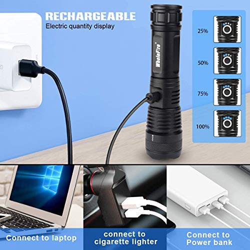 Linterna LED Potente 10000 Lúmenes de Alta Potencia Súper Brillante Impermeable Linterna USB Recargable con Batería con Zoom para Camping, Senderismo, Actividades al Aire Libre