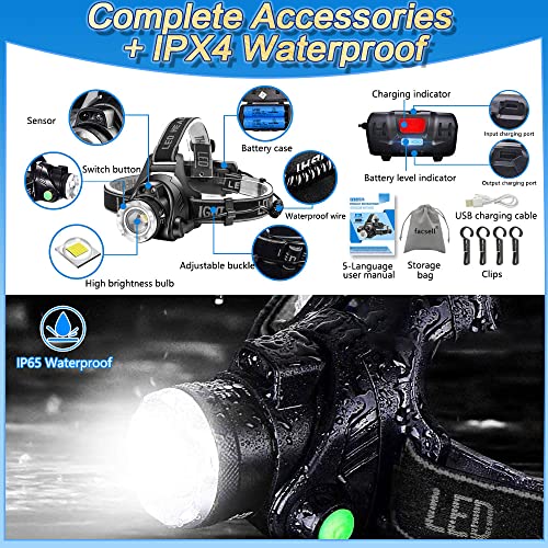 Linternas Frontales Led Recargable,Linterna Cabeza Led Zoomable,Luz Frontal Potent,Impermeable,4 Modos con Sensor,1200Lumens,Giratorio de 90°,Luz Frontal para Correr Pesca Camping Ciclismo Tatuajes