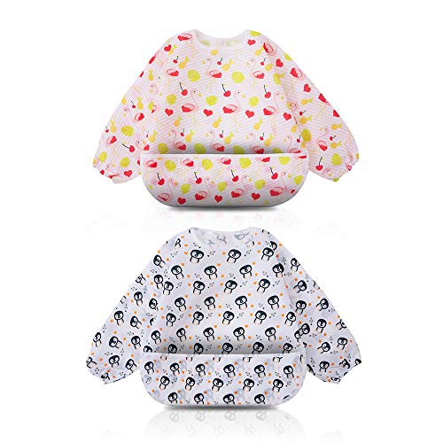 Little Dimsum® 2 Piezas Baberos Bebe Impermeables, Babero Con Mangas De Pul Laminado Suave, Transpirable y Resistente Unisexo Niños Niñas 6 Meses a 3 Años Edad